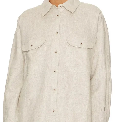 New Arrival 100% Organic Linen Shirts Breast Flap Pockets With Button Closure Women Shirts