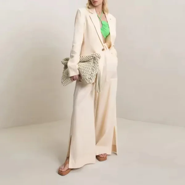 New Arrivals Linen Drawstring Waist Wide Leg Ankles Slits Trouser Women Jackets Suit - Image 5
