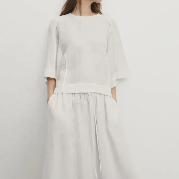 Linen Casual Dress White Drawstring 100% Pure Cotton Linen Long Dress Simple All-match Loose Skirt for Women - Image 3