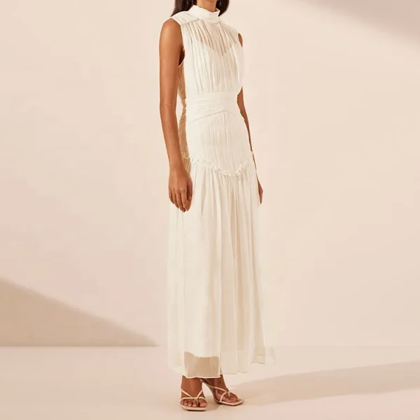 Elegant Simple Maxi White Dress Casual Cotton Linen Sleeveless Long Dress for Women - Image 2