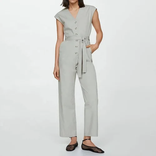 High Quality Summer Elegant Ladies Button Cotton Linen Jumpsuit for Women Sleeveless Bodysuit With Belt