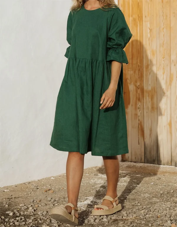 Casual Summer Midi Dresses Women Linen Dress Short Sleeve O-neck Knee Length Natural Linen Dresses - Image 3