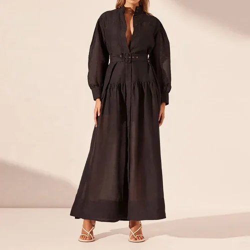 Elegant Stand Collar Women Belt Button up Long Shirt Dress Vintage Long Sleeve Casual Linen Maxi Dresses