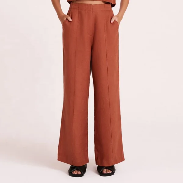 High Quality 100% Cotton Linen Trousers With Side Pockets Casual Loose Straight Wide-leg Pants for Women - Image 2