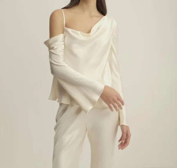 Sophisticated Lightweight Asymmetric Neckline Off-the-shoulder Poplin Shirt Womens - Image 2