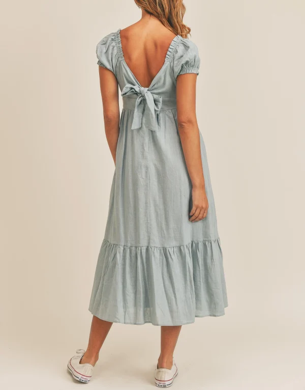 Cotton Linen Dress Ladies Short Sleeve Puff Sleeve Deep V-Neck Elegant Summer Dress Casual Midi Dress - Image 4