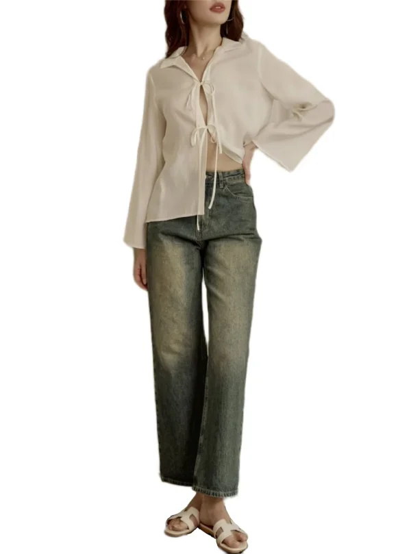 Rice White Loose Lace-Up Shirt Wide Sleeve Design Casual Long Sleeve Shirt Hot Shirt Top - Image 4
