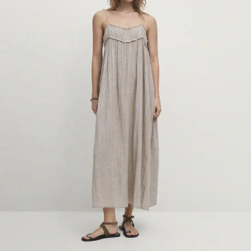 Clothing Solid Sling Sleeveless Loose Pleated Summer Casual Women Cotton Linen Maxi Dress Daily Pajama Dresses