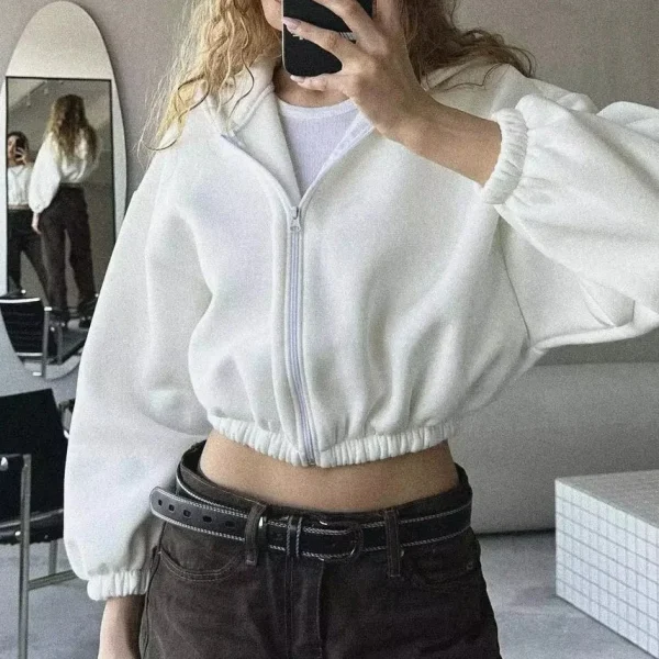 New Women's Casual Dropped Shoulders Short Cropped Navel Zipper Elastic Hem Hoodie Oversize Long-sleeved Sweatshirt - Image 2