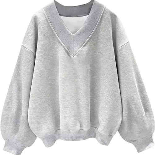 Fall Clothes V Neck Solid Color Pullover Sweater Women Sweatshirt Hoodies
