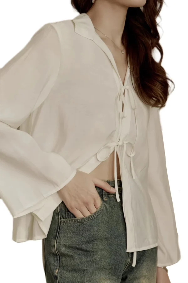 Rice White Loose Lace-Up Shirt Wide Sleeve Design Casual Long Sleeve Shirt Hot Shirt Top - Image 2