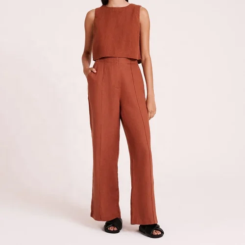 High Quality 100% Cotton Linen Trousers With Side Pockets Casual Loose Straight Wide-leg Pants for Women