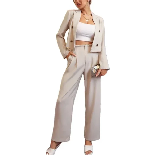 Slim Fit Women Fashion Blazer Double Breasted Blazer Plicated Detail Pants