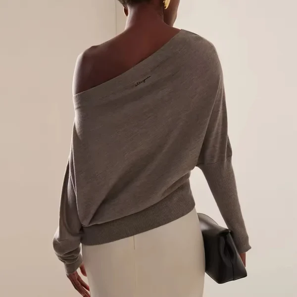 Knitwear Autumn Winter Cashmere Irregular Collar One Line Neckline Long Sleeve Sweater - Image 3