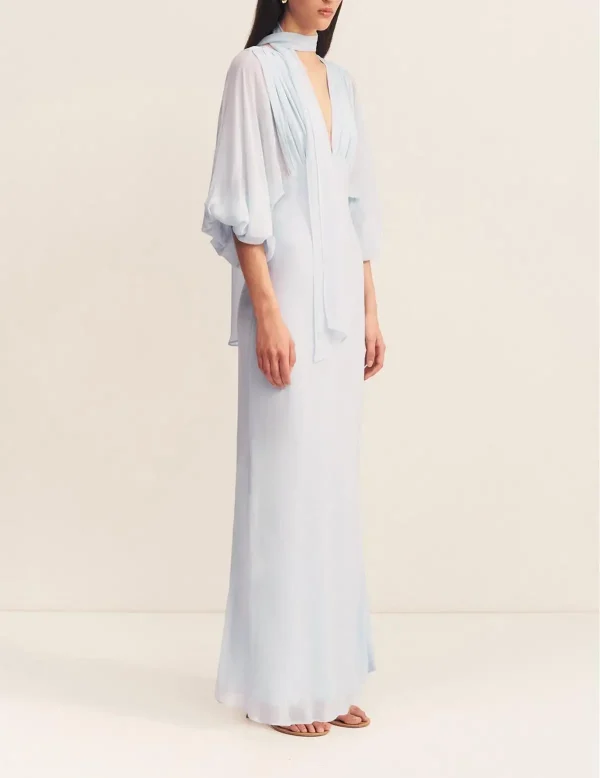 Elegant Light Blue Chiffon Maxi Dress with v-neck Suited  Fashion Parties Dress - Image 3