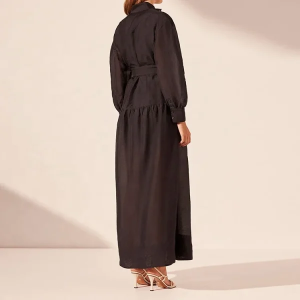 Elegant Stand Collar Women Belt Button up Long Shirt Dress Vintage Long Sleeve Casual Linen Maxi Dresses - Image 5