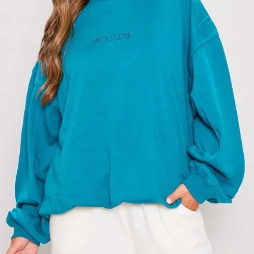 Fashion Oversized Embroidered Gathered Hem Sweatshirt Cotton Long Sleeve Casual Women Hoodie