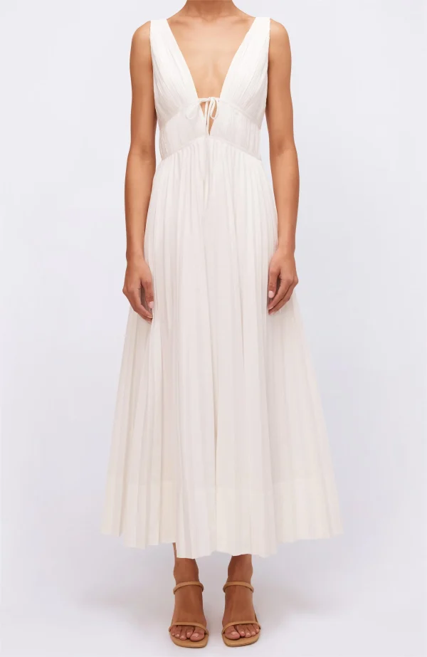 Elegant Midi Length Pleated Slip Dress A-line Skirt V- Neck Cotton Linen Straps Dress - Image 6