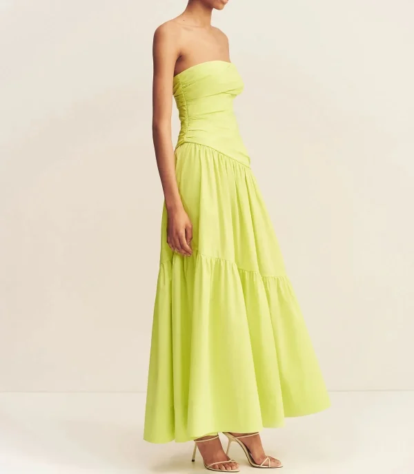 Cotton Linen A-Line Strapless Solid Color Tiered Draped Bodice With Side Tucks Maxi 100%Linen Dress - Image 2