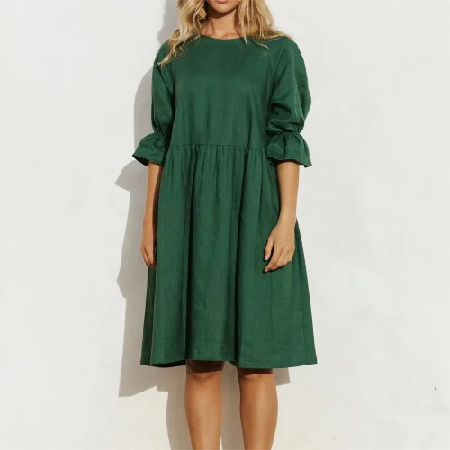 Casual Summer Midi Dresses Women Linen Dress Short Sleeve O-neck Knee Length Natural Linen Dresses