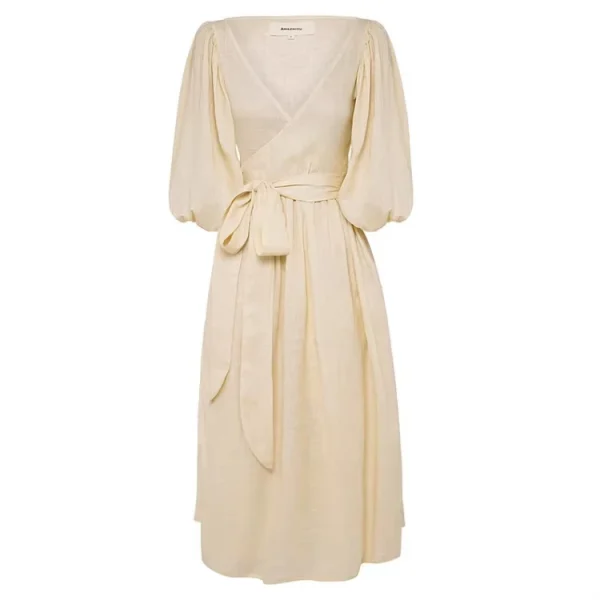 Casual Elegant Fashion Plain High Waist Deep V-Neck Half Sleeve Bandaged Women Long Linen Dress - Image 5