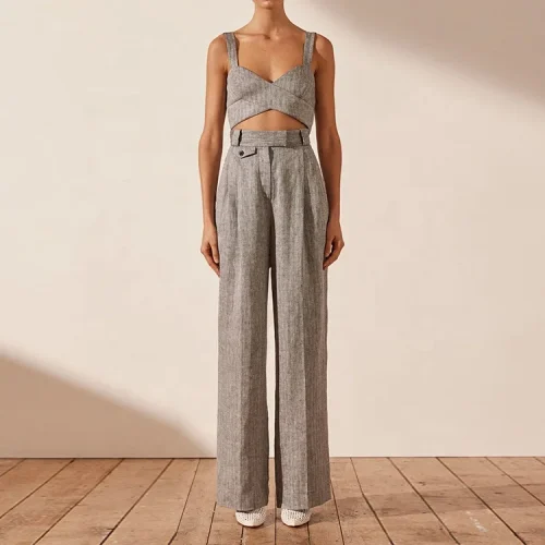 New Design Women Cotton Linen Fabric Solid Color Trousers High Waist Wide Leg Pant Casual Straight Long Pants