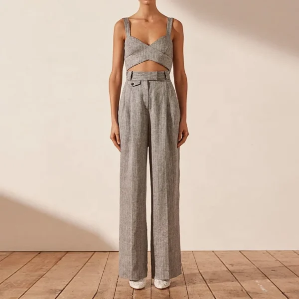 New Design Women Cotton Linen Fabric Solid Color Trousers High Waist Wide Leg Pant Casual Straight Long Pants