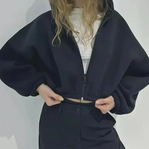 New Women’s Casual Dropped Shoulders Short Cropped Navel Zipper Elastic Hem Hoodie Oversize Long-sleeved Sweatshirt