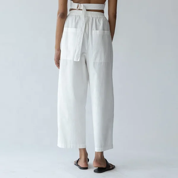 Eco Friendly Womens Pleated Flax Pants 100% Cotton Linen High Elastic Waist Casual Loose Wide Leg Trousers With Pockets - Image 6