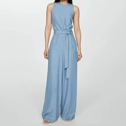 Hot Sale Summer Flax Jumpsuit With Belt Slim Casual Wide Leg Pants Cotton and Linen Women’s Floor-length Bodysuit