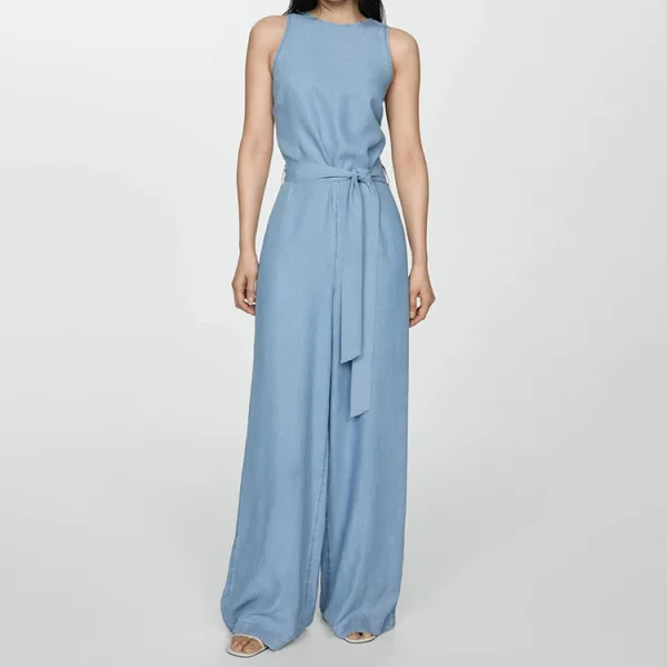 Hot Sale Summer Flax Jumpsuit With Belt Slim Casual Wide Leg Pants Cotton and Linen Women's Floor-length Bodysuit