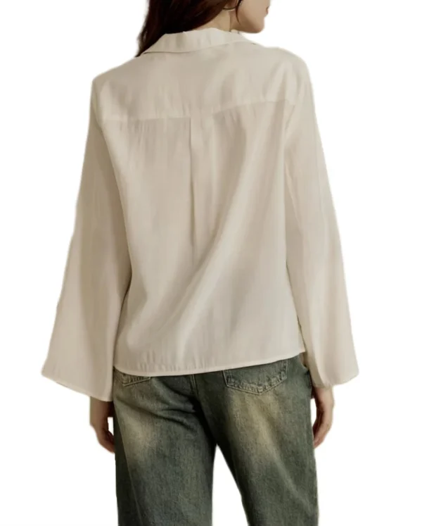 Rice White Loose Lace-Up Shirt Wide Sleeve Design Casual Long Sleeve Shirt Hot Shirt Top - Image 6