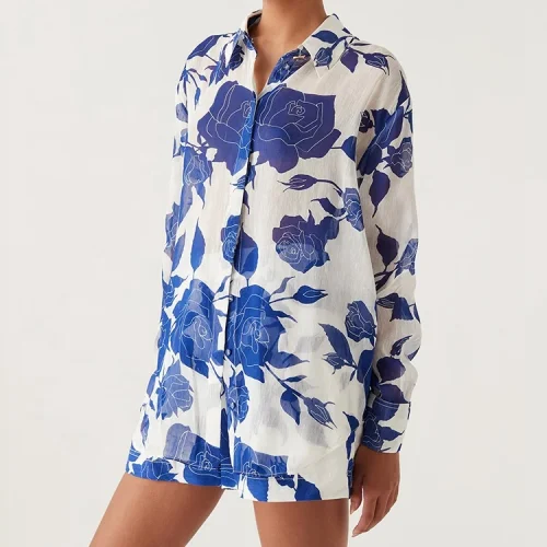 New Design Women Summer Floral Printed Linen Shirt Lounge Seaside Wear Turn-down Collar Blouse Top Sleepwear Pajama