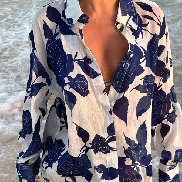 New Design Women Summer Floral Printed Linen Shirt Lounge Seaside Wear Turn-down Collar Blouse Top Sleepwear Pajama - Image 6