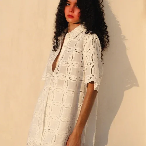 New Arrival Women White Short Sleeve Shirt Hollow Out Stylish Vacation Wear Blouse