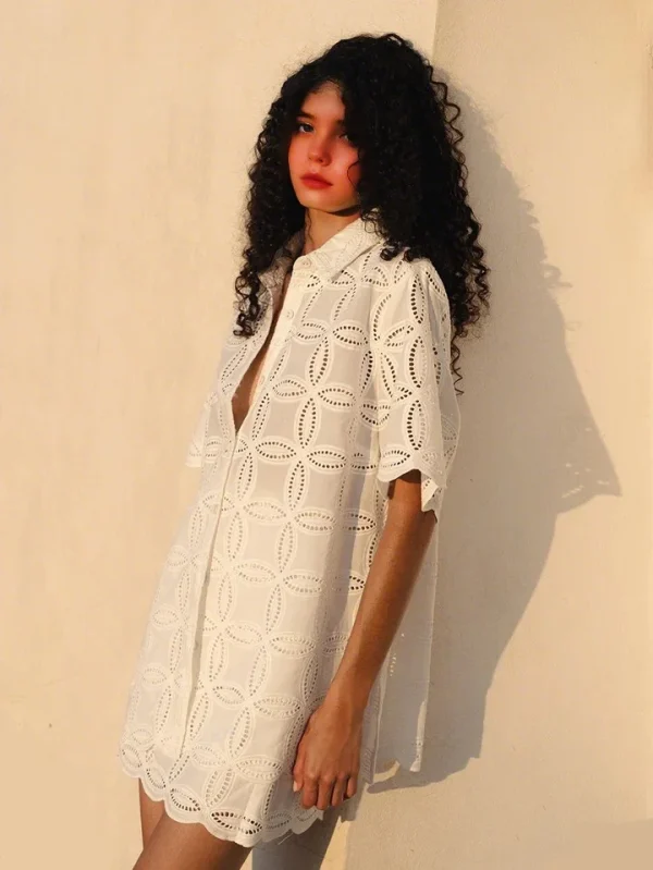 New Arrival Women White Short Sleeve Shirt Hollow Out Stylish Vacation Wear Blouse
