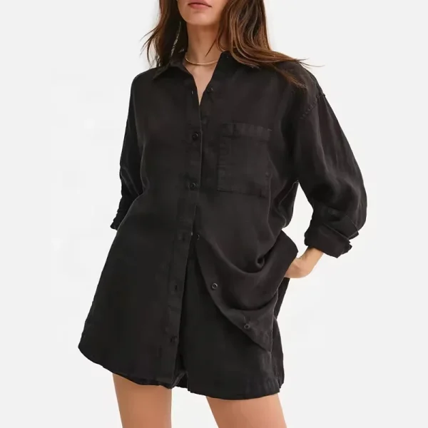 Women Autumn Long Sleeve Shirt Black Boyfriend Fit Boxy Tops Organic Linen Oversized Button Down 100% Organic Linen Shirt - Image 6