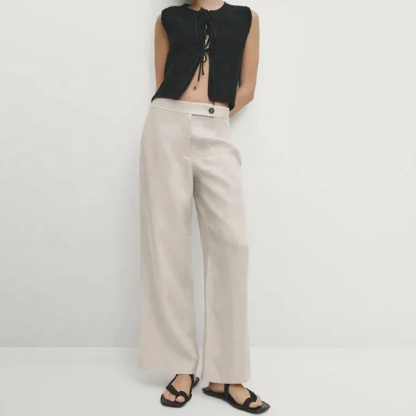 High Quality Fashion Lady Casual Loose Plus Size Wide Leg Pants Women High Waist Elegant Formal Pure Linen Trousers - Image 3