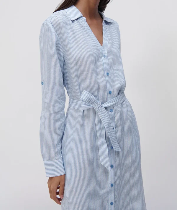Clothing Daily Life Striped Linen Shirt Dress Slim Fit Single Breasted 100%Linen Ladies Shirt Dress - Image 4