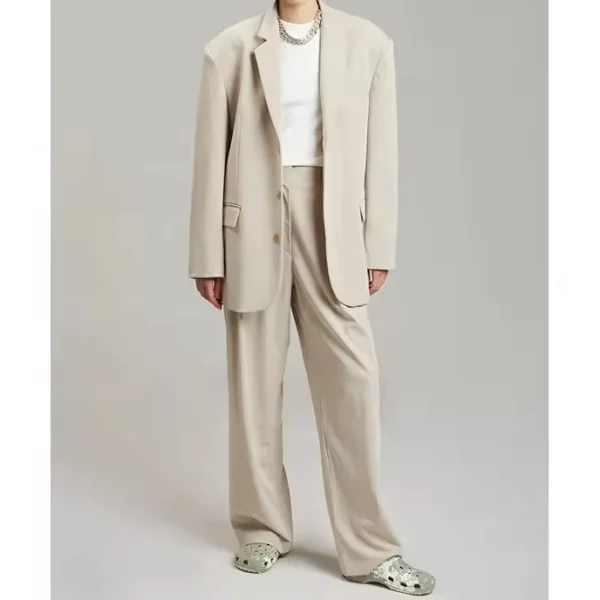 Women Jacket Beige Mid Weight Suiting Oversized Silhouette Padded Shoulders Flap Front Pockets Button Front Oversized Fit blazer - Image 5