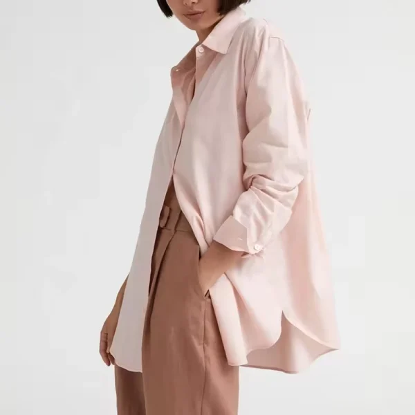 Women Long Sleeve Shirt Curved Side-split Hem Longer Back Detail Oversized Fit Long-sleeve Shirt pink Cotton Shirt - Image 4