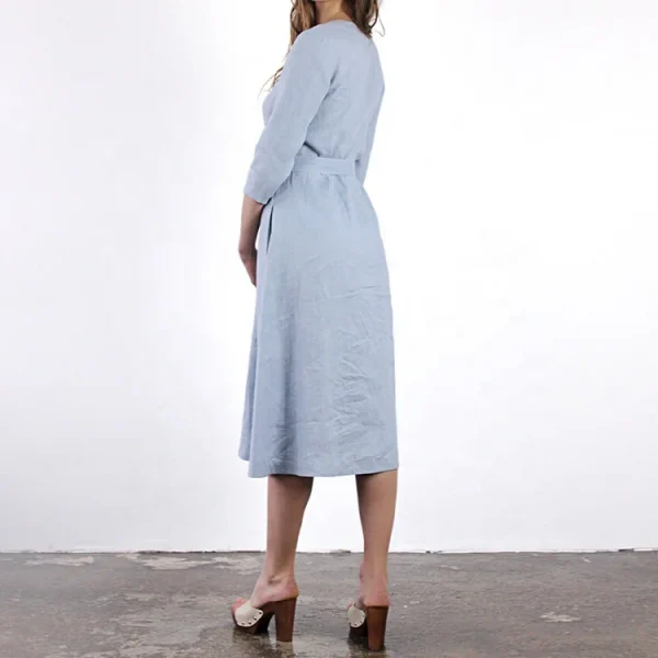 Cotton and Linen Maxi Dress Elegant Single-breasted v Neck Three-quarter Sleeves Flax Dresses - Image 5