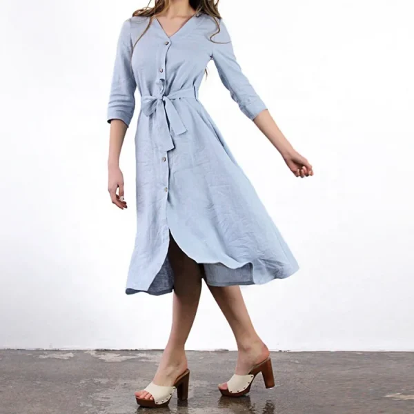 Cotton and Linen Maxi Dress Elegant Single-breasted v Neck Three-quarter Sleeves Flax Dresses - Image 4