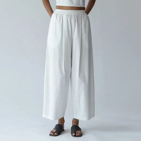 Eco Friendly Womens Pleated Flax Pants 100% Cotton Linen High Elastic Waist Casual Loose Wide Leg Trousers With Pockets - Image 5