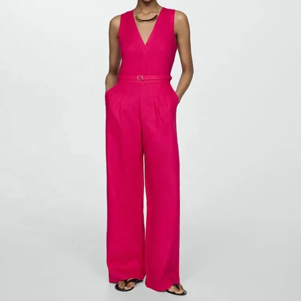 High Quality Women's Linen Sleeveless V-Neck Jumpsuit Flax Cotton Casual Solid Playsuits