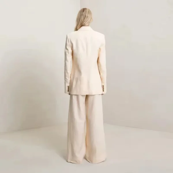 New Arrivals Linen Drawstring Waist Wide Leg Ankles Slits Trouser Women Jackets Suit - Image 3