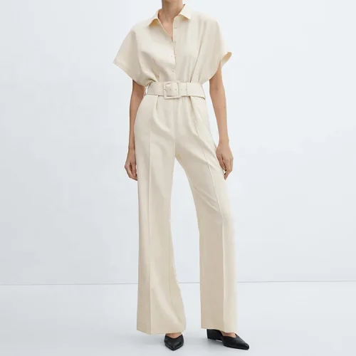 New Design Summer Casual Ladies Shirt Straight Leg Pants  Romper Women Cotton Linen Jumpsuit With Belt