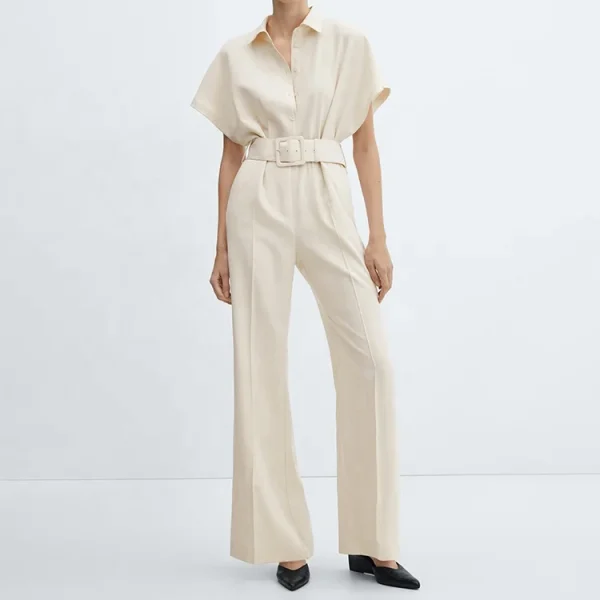 New Design Summer Casual Ladies Shirt Straight Leg Pants  Romper Women Cotton Linen Jumpsuit With Belt