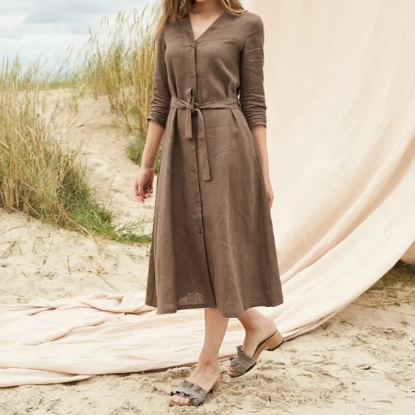 Cotton and Linen Maxi Dress Elegant Single-breasted v Neck Three-quarter Sleeves Flax Dresses - Image 3