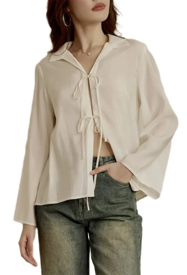Rice White Loose Lace-Up Shirt Wide Sleeve Design Casual Long Sleeve Shirt Hot Shirt Top - Image 5